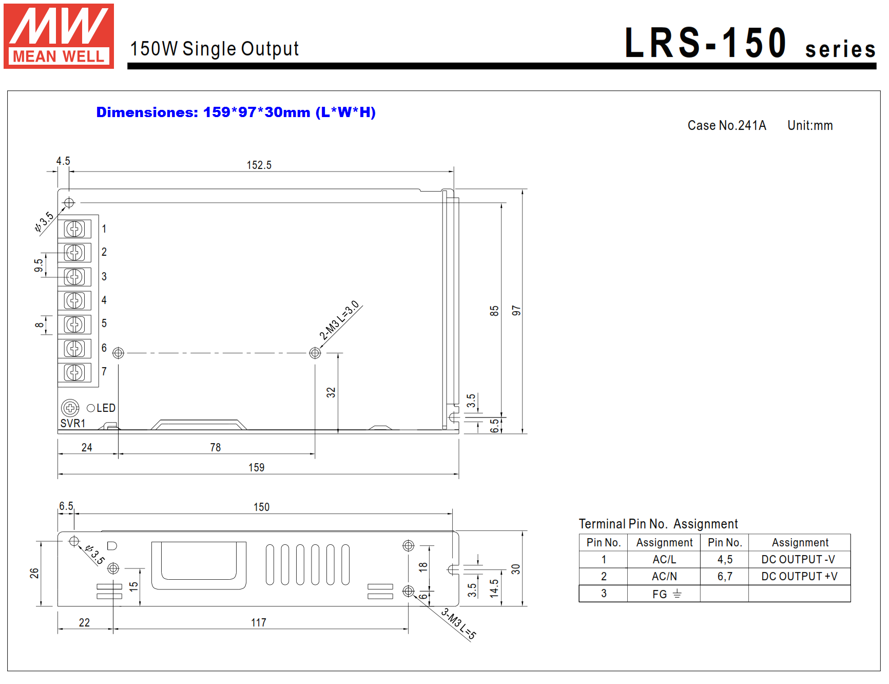 Fuente de alimentación 24V/150W/6,5A Mean Well LRS-150-24 - LEDB